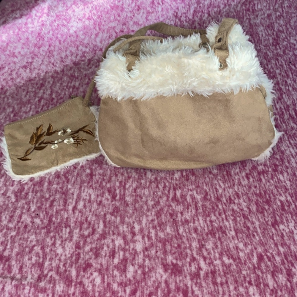 Vintage Tan and White Faux Fur Women's Bag Set with matching embroidered wallet